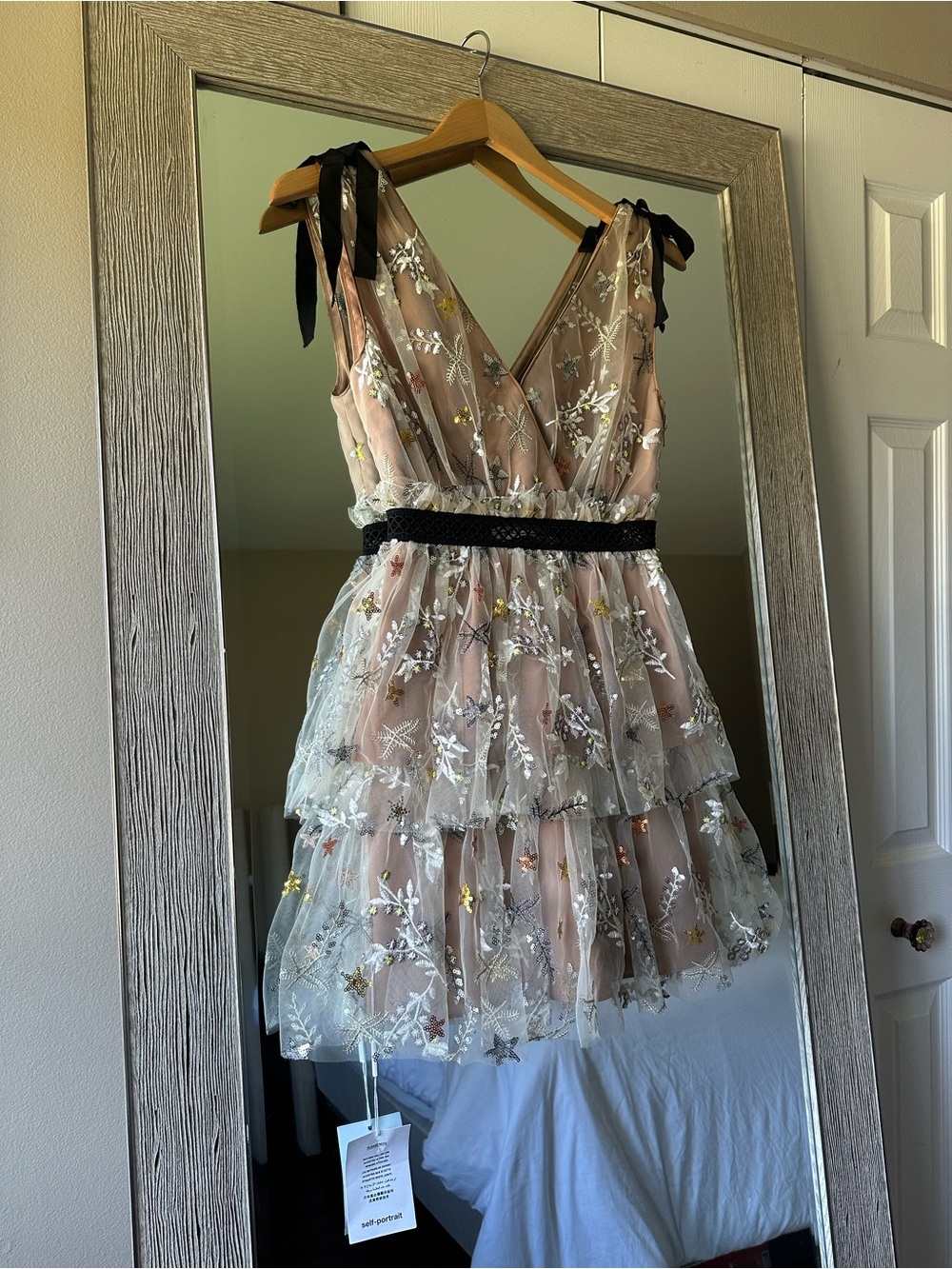 Self-Portrait Beige Tulle Embroidered Star Tiered Mini V-Neck Dress Size 0 XS